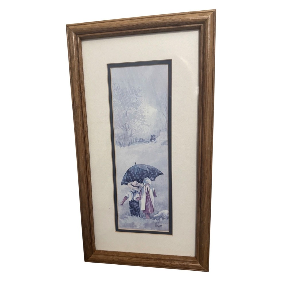 VTG Steve Polomchak Framed Print Amish Children Rain Umbrella Art 17"x 9.5"